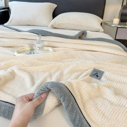 Beige and gray luxury velvet plush cotton blanket with cream ribbed texture and gray fleece border for bedroom throw
