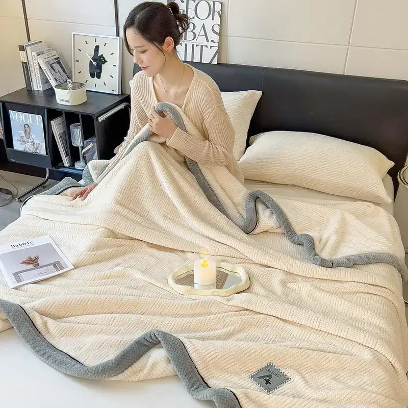 Beige and gray luxury velvet plush cotton blanket with cream textured weave and gray ribbed border for bedroom throw