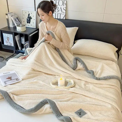 Beige and gray luxury velvet plush cotton blanket with cream textured weave and gray ribbed border for bedroom throw