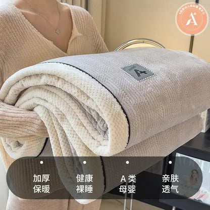 Beige and gray luxury velvet plush cotton blanket double-sided fleece with textured weave and black trim for bedroom throw
