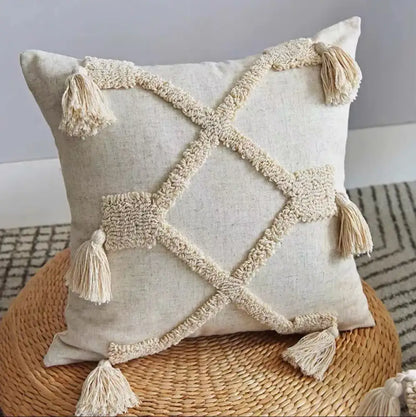 Beige handmade geometric tufted pillowcase set featuring cream-colored woven tassels in a linen decorbites design