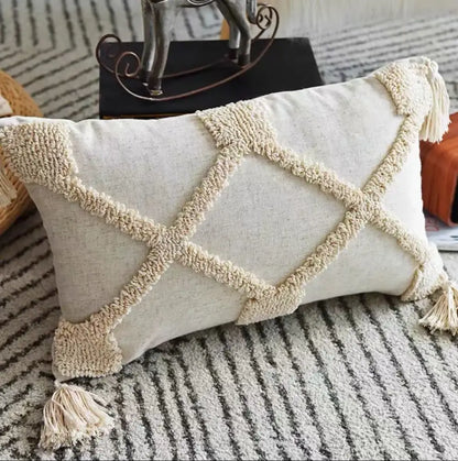Beige handmade geometric tufted pillowcase set featuring cream-colored rectangular pillow with woven diamond pattern and tassels