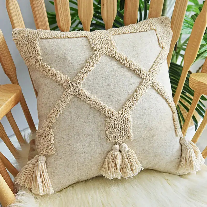 Beige handmade geometric tufted pillowcase set with textured woven diamond pattern and matching tassels decorbites decor