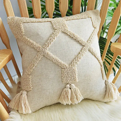 Beige handmade geometric tufted pillowcase set with textured woven diamond pattern and matching tassels decorbites decor