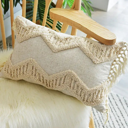 Beige handmade geometric tufted pillowcase set with textured woven zigzag trim and tassels for bedroom decorbites decor