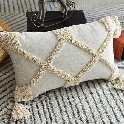 Beige linen pillowcase set with cream handmade geometric tufted tassel decorbites accents and fringe tassels for bedroom decor