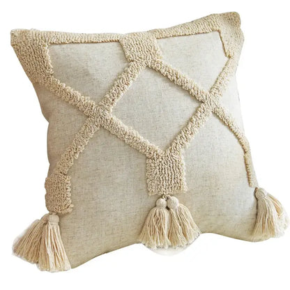 Beige handmade geometric tufted linen pillowcase set with woven diamond pattern and matching tassels for bedroom decorbites decor