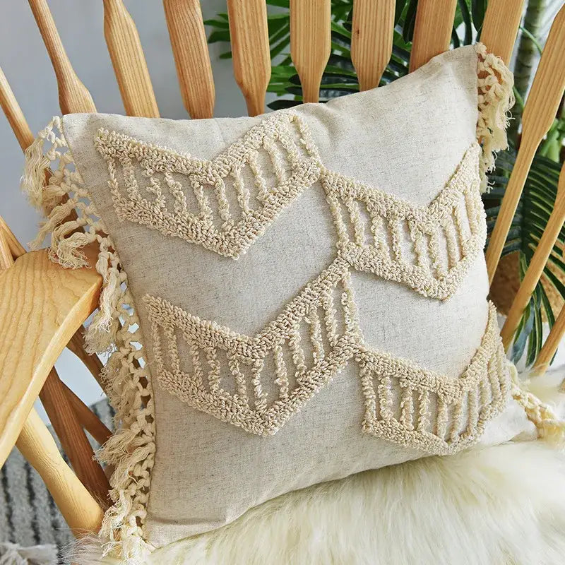 Beige linen pillowcase set with cream handmade geometric tufted macrame embroidery and fringe decorbites decor detail