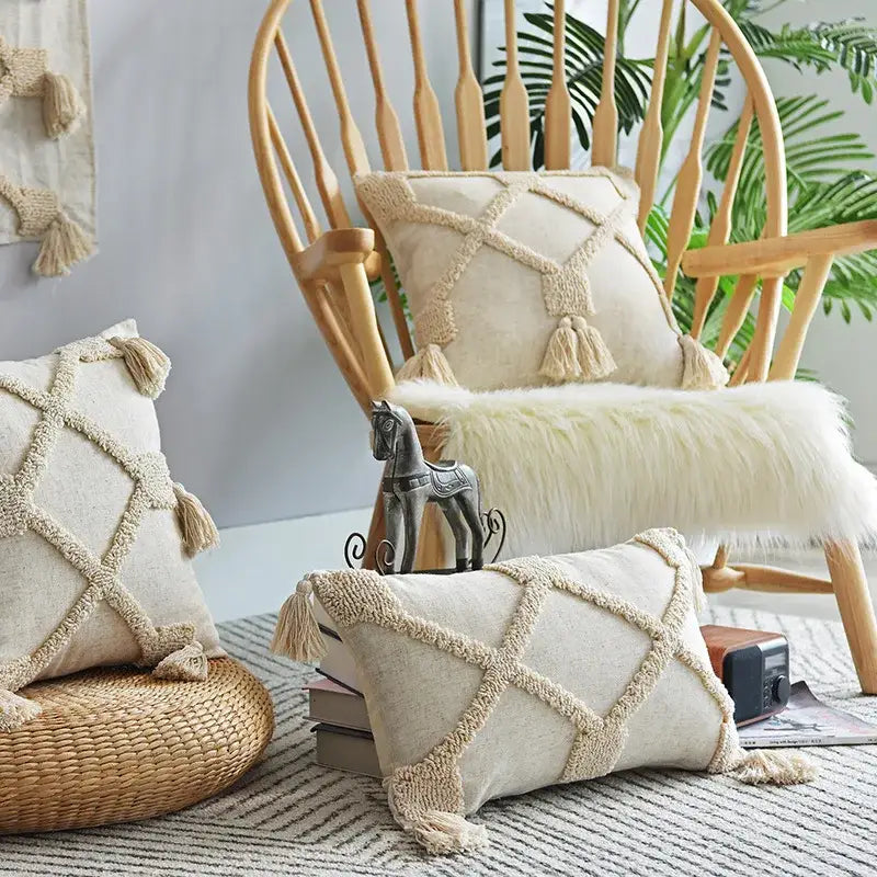 Beige decorbites handmade geometric tufted pillowcase set featuring textured crosshatch embroidery and tassels