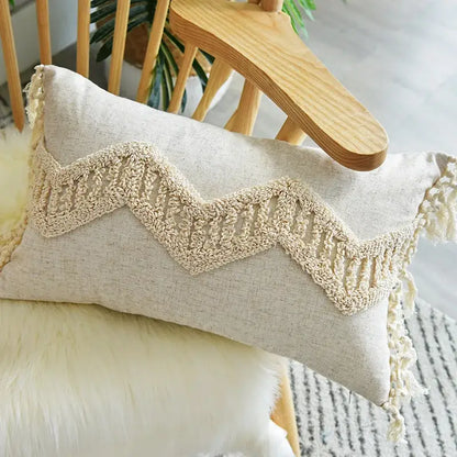 Beige linen pillowcase set with cream crocheted zigzag band and tassels for decorbites handmade geometric tufted decor