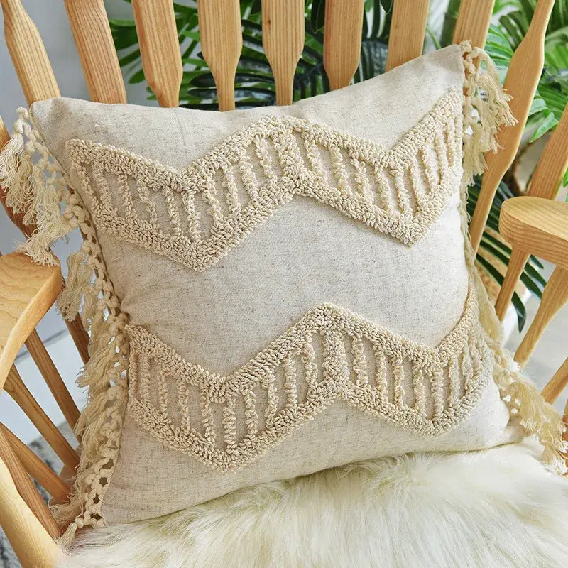 Beige linen handmade geometric tufted pillowcase set with textured woven zigzag patterns and tassel decorbites decor
