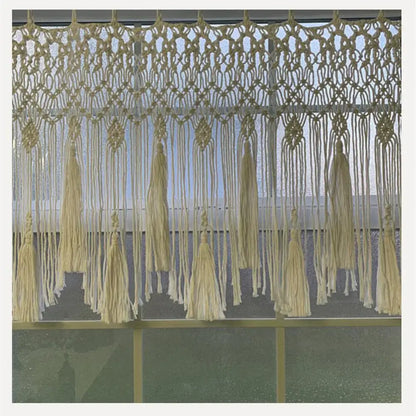 Beige handwoven macrame window curtain with tassels from decorbites for living room decorbites handwoven macrame