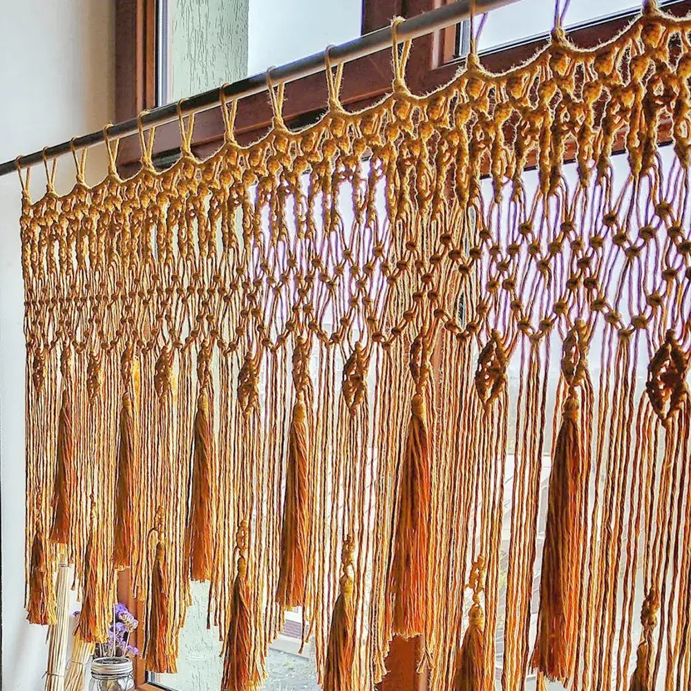 Beige decorbites handwoven macrame window curtain with intricate knotwork and hanging tassels for living room decor