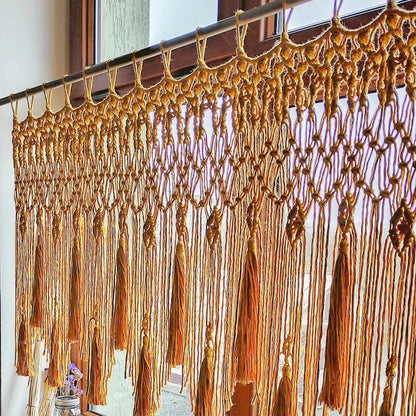 Beige decorbites handwoven macrame window curtain with intricate knotwork and hanging tassels for living room decor