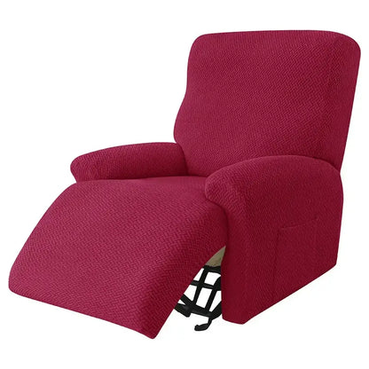 A vibrant red textured velvet plush recliner cover snugly fitted over a classic rocking chair with black metal frame