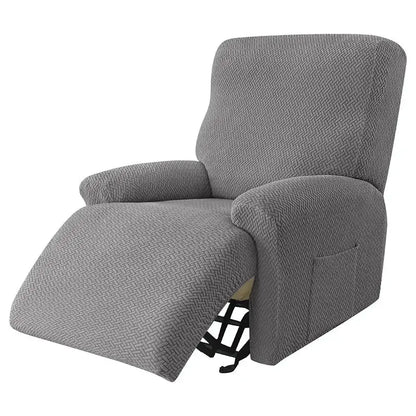Gray herringbone-patterned stretch recliner cover made of velvet plush fabric for living room use