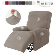 Beige herringbone velvet plush stretch recliner cover with front pocket for living room use