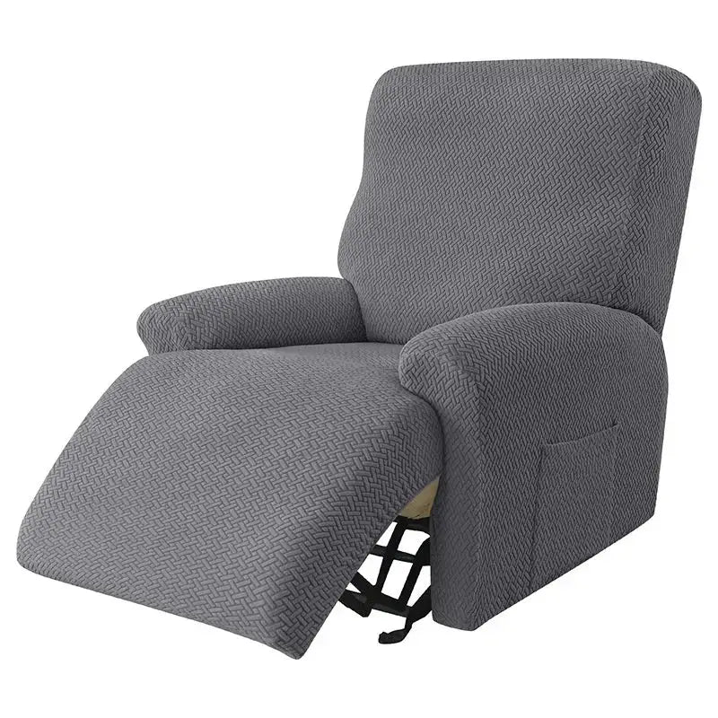 Gray herringbone-patterned stretch recliner cover with velvet plush texture for living room furniture protection