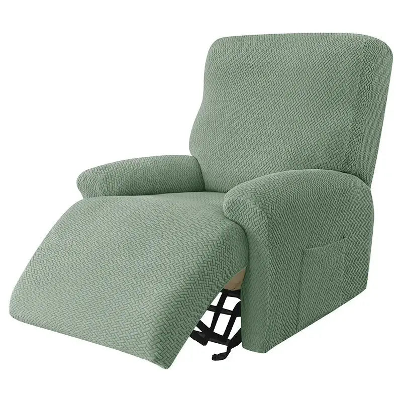 Sage green velvet plush stretchy recliner cover with subtle herringbone weave for living room use