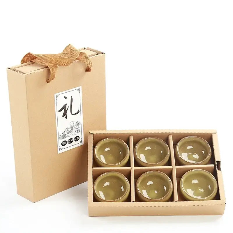 Set of six olive-green ice cracking ceramic tea cups in a matching gift box from decorbites ice cracking collection