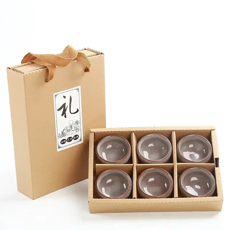 Set of six matte gray ice cracking ceramic tea cups in a gift box from the beige ice cracking decorbites dining room set