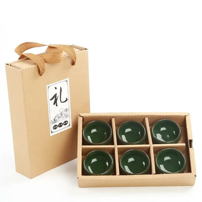 Set of six glossy dark green ice cracking ceramic tea cups in a beige ice cracking ceramic gift box by decorbites