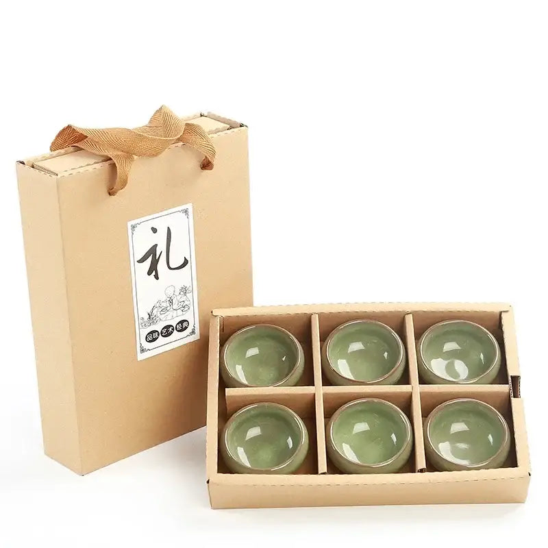 Set of six celadon green ice cracking ceramic tea cups in a cardboard gift box from decorbites ice cracking collection