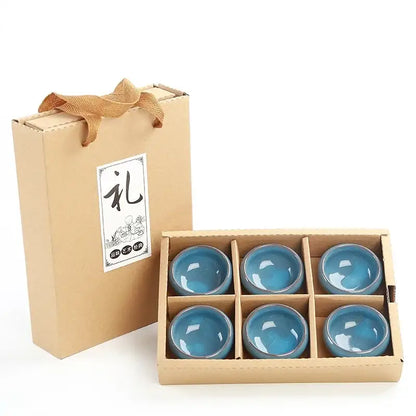 Set of six small blue ice cracking ceramic tea cups in a beige gift box for dining room decorbites ice cracking