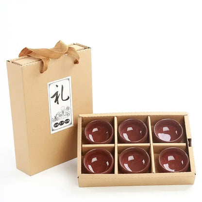 Set of six glossy reddish-brown beige ice cracking ceramic tea cups in a gift box from decorbites ice cracking collection