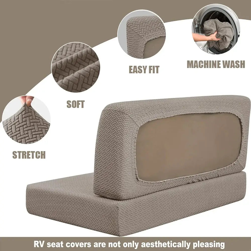 Beige jacquard woven rv sofa cover with textured fabric, elasticized edges for easy fit and living room furniture protection