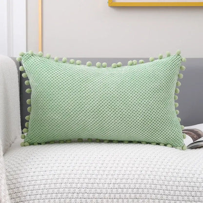 Light green knitted decorative pillow cover with pom-pom trim for living room decor and pillow cover use