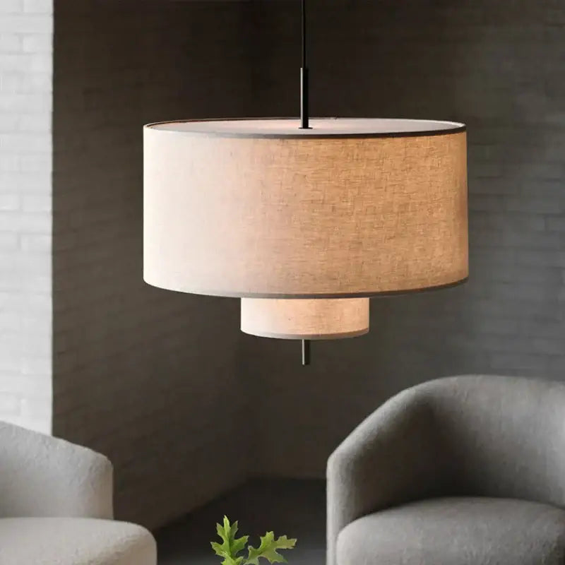 Beige linen handmade fabric chandelier with minimalist black metal rod for dining room decorbites handmade fabric light