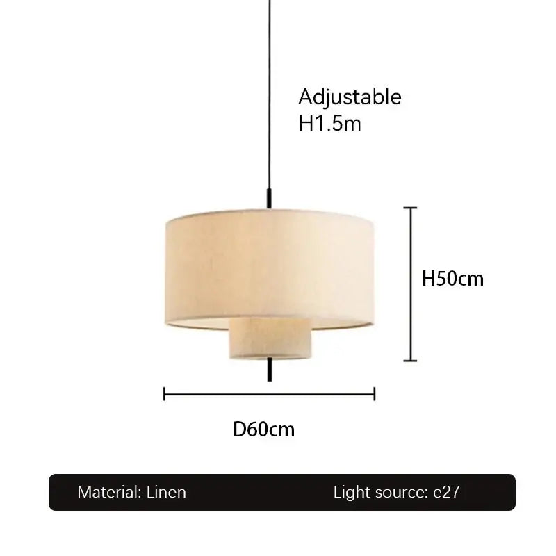 Beige linen handmade fabric chandelier pendant light with tiered cylindrical shade and adjustable height by decorbites handmade fabric