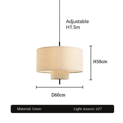 Beige linen handmade fabric chandelier pendant light with tiered cylindrical shade and adjustable height by decorbites handmade fabric