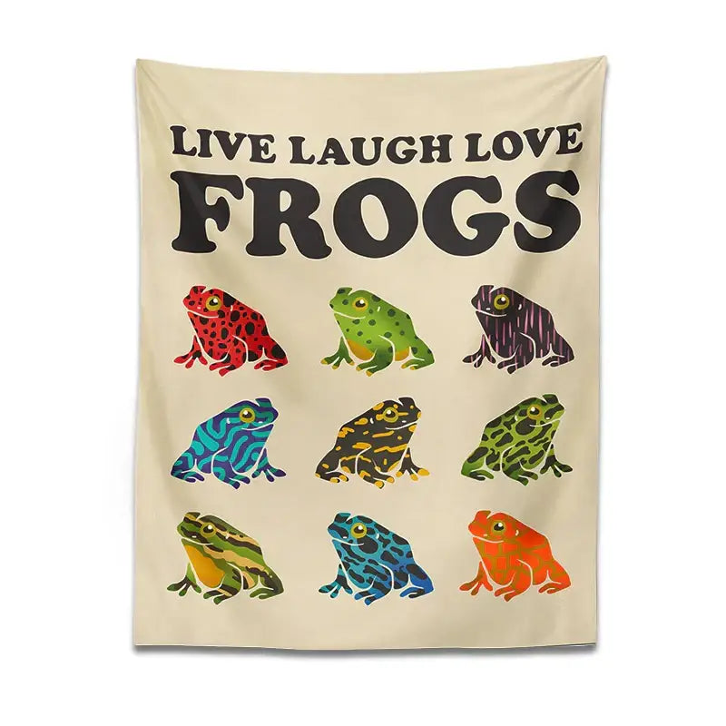 Beige live laugh love frogs tapestry wall hanging with bold black text and colorful frogs grid decorbites frogs tapestry
