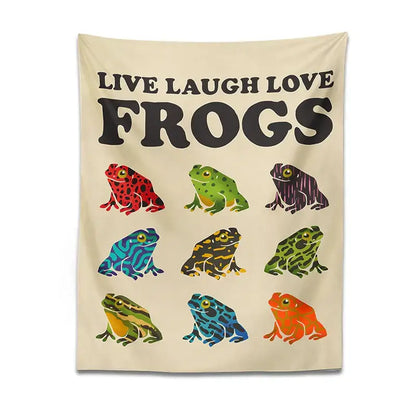 Beige live laugh love frogs tapestry wall hanging with bold black text and colorful frogs grid decorbites frogs tapestry