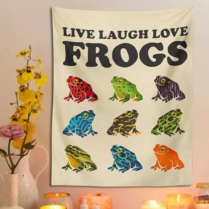 Beige decorbites frogs tapestry wall hanging for bedroom with live laugh love phrase and colorful stylized frogs grid