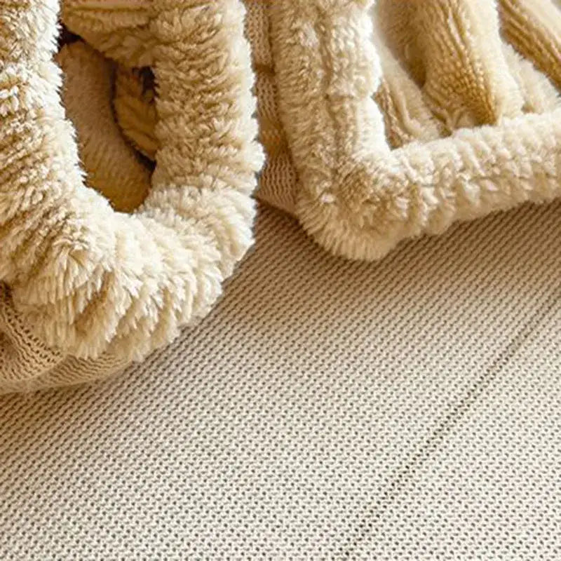Cream-colored plush fleece blanket with soft texture paired with beige milk velvet fitted sheet for bedroom use
