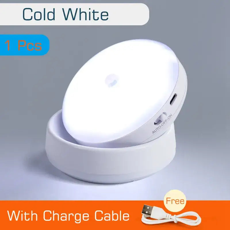 Beige motion sensor rotate night light with cold white led, sleek plastic base, and auto-off function for bedroom wall use