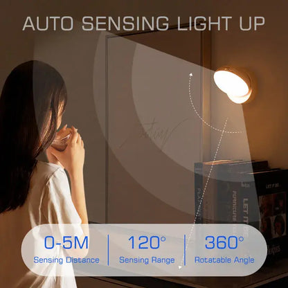 Beige rotate night light with warm circular glow, metallic finish, and auto-sensing design for bedroom wall use