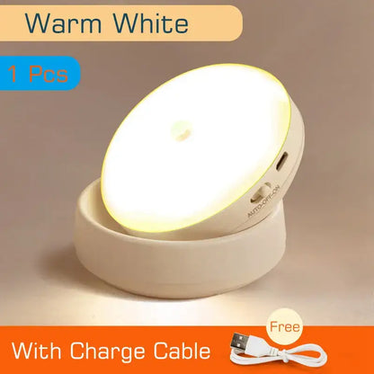 Beige warm white circular rotate night light with sleek plastic casing for bedroom wall lamp motion sensor use