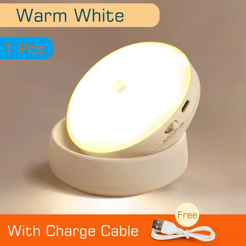 Beige warm white circular rotate night light with sleek plastic casing for bedroom wall lamp motion sensor use