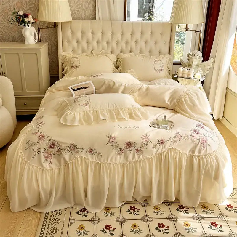 Beige pink lace bedding set with cream floral embroidery ruffled edges and tufted headboard decorbites beige pink