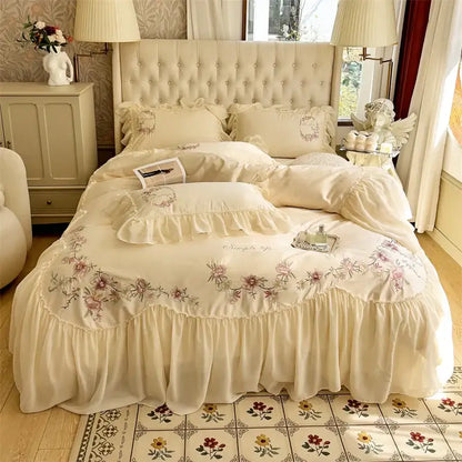 Beige pink lace bedding set with cream floral embroidery ruffled edges and tufted headboard decorbites beige pink