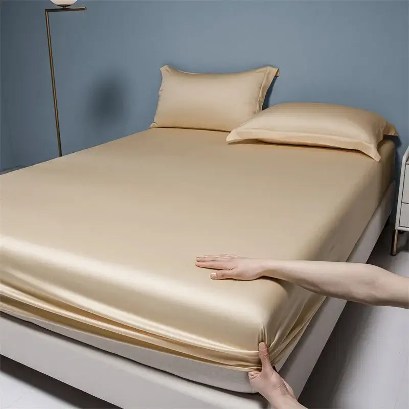 Beige satin 1000tc egyptian cotton fitted sheet bedroom set with matching pillowcases and elasticized edges for snug fit