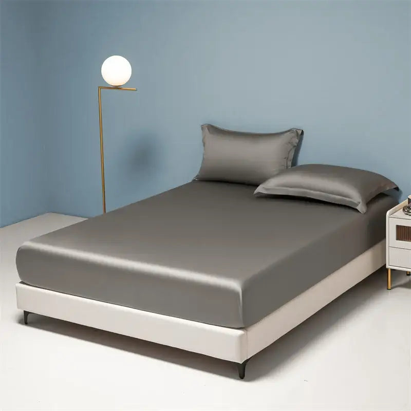 Gray satin bed sheet with matching pillowcases on modern white frame decorbites 1000tc egyptian cotton fitted sheet set
