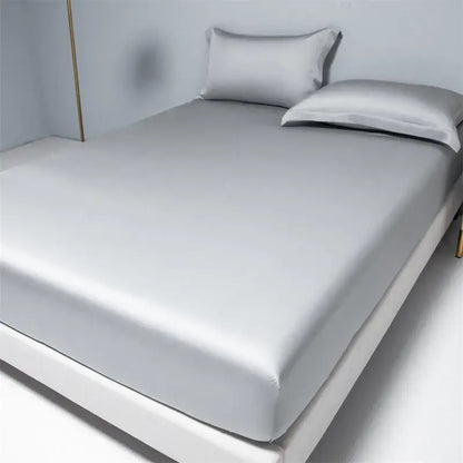 Beige satin 1000tc egyptian cotton fitted sheet bedroom set with silk-like silver bed sheet and matching pillowcases