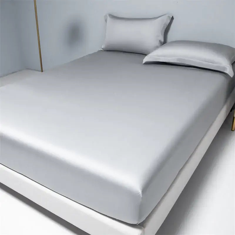 Beige satin 1000tc egyptian cotton fitted sheet bedroom set with silk-like silver bed sheet and matching pillowcases