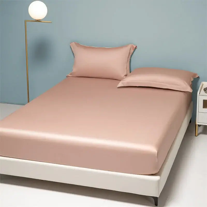 A smooth blush pink satin fitted sheet and pillowcases in decorbites 1000tc egyptian cotton bedroom set