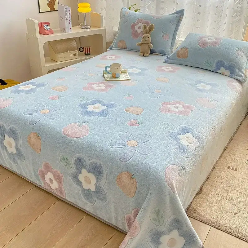 Beige space astronaut cartoon flannel blanket with light blue plush bedspread and embroidered floral strawberry decorbites cartoon flannel